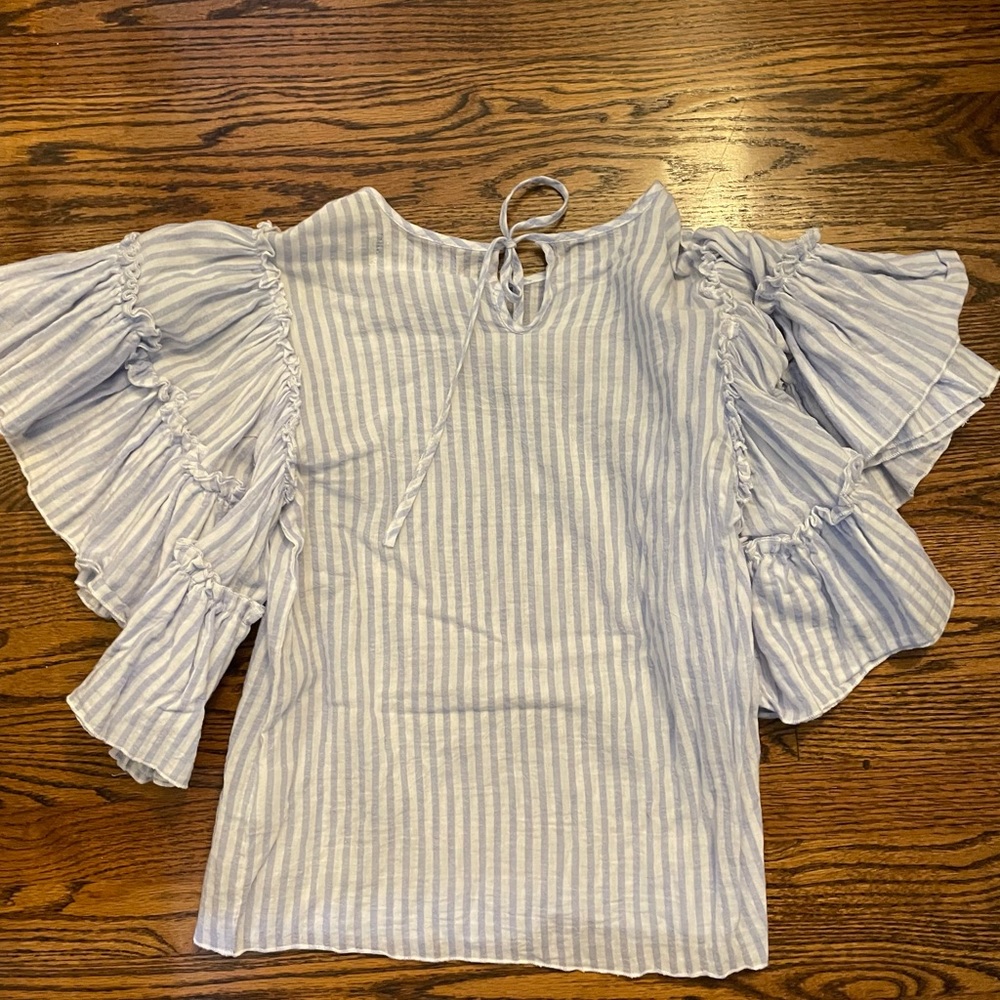 Light blue and white stripe ruffle blouse